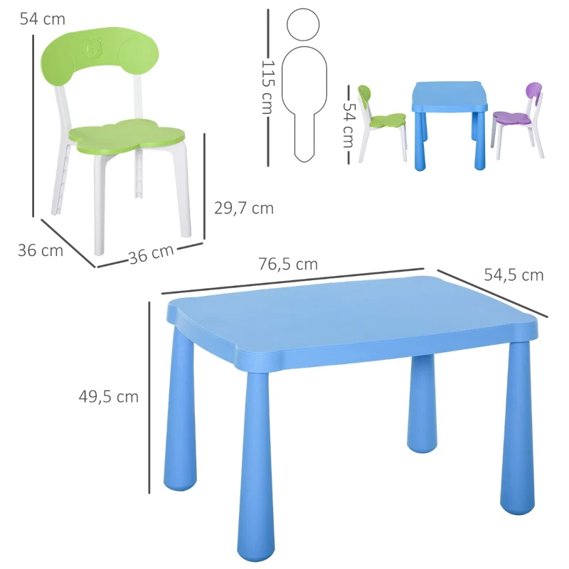 HOMCOM Conjunto de mesa e 2 cadeiras infantil para atividades com encosto e bordas redondas para crianças acima de 2 anos  76,5x54,5x49,5 cm Multicolor