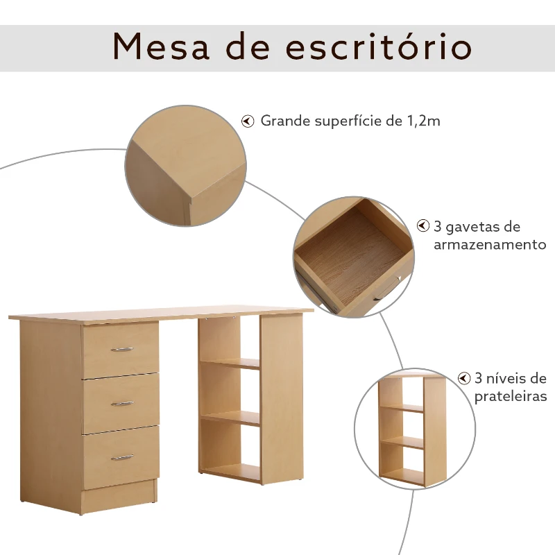 HOMCOM Mesa de Computador para Casa Escritório 3 Gavetas 3 Prateleiras Móveis de Escritório 120x49x72 cm