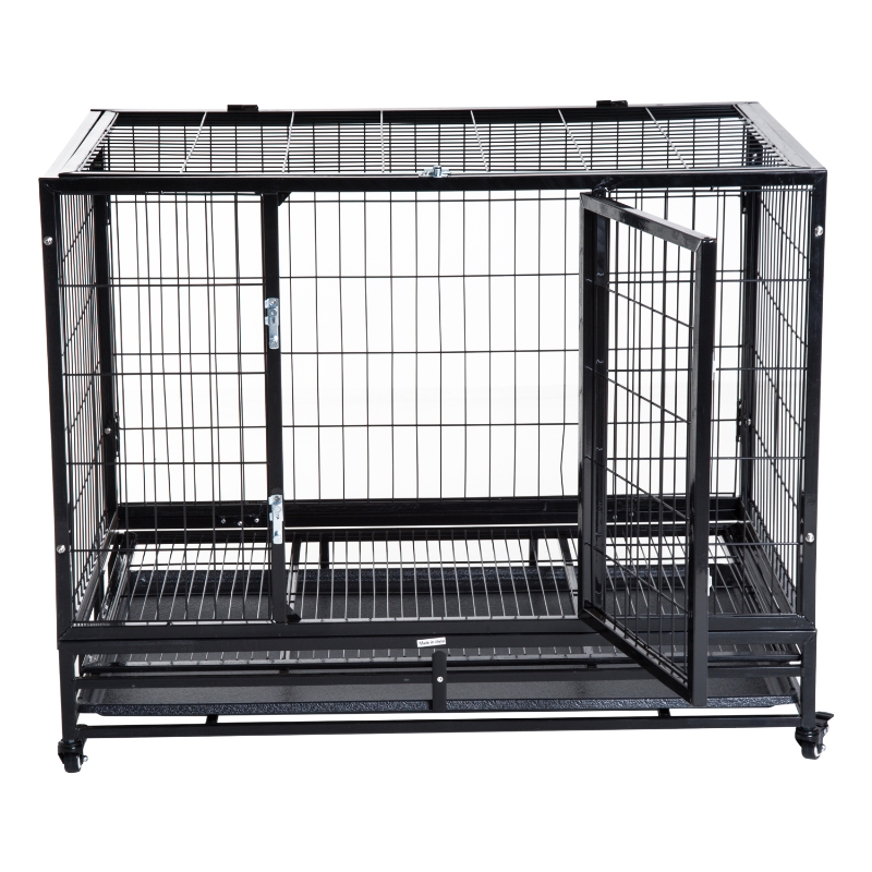 PawHut Gaiola de Metal para Cães com Rodas e Freios Bandeja Removível e Porta com Trava para Golden Retriver Labrador 92x62x75cm Preto
