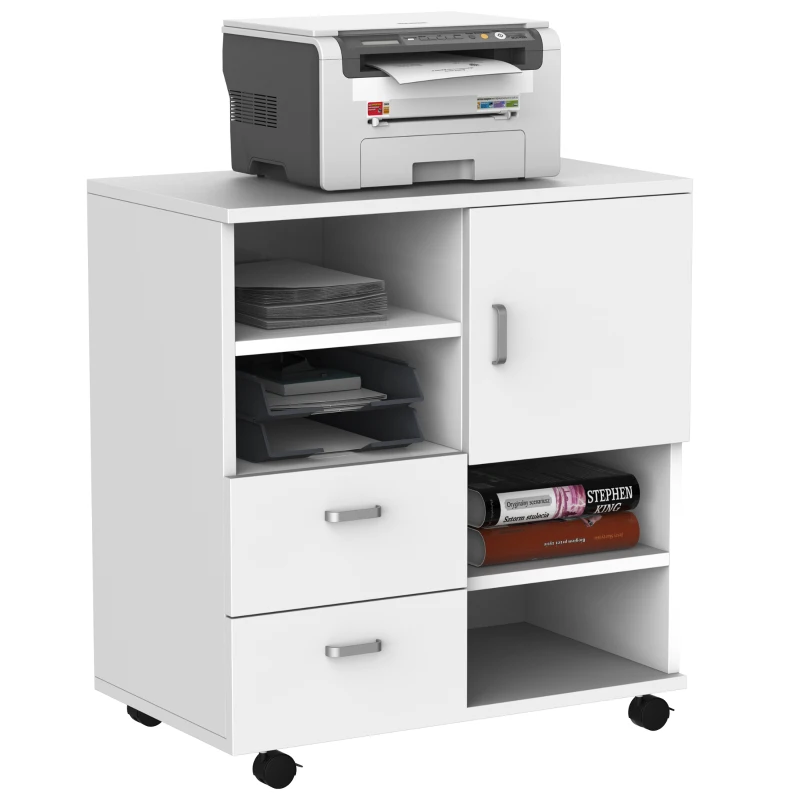 HOMCOM Móvel auxiliar de escritório com Gavetas Prateleiras e rodas multiuso 60x65x35 cm Branco