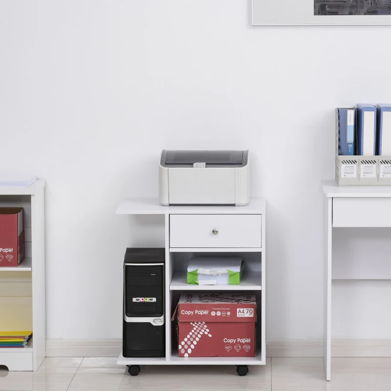Vinsetto Armário para Impressora de Escritório Multifuncional com Rodas 2 Compartimentos Gaveta Suporte para CPU Prateleira Ajustável para Escritório 60x40x68,5cm Branco Listrado de Madeira