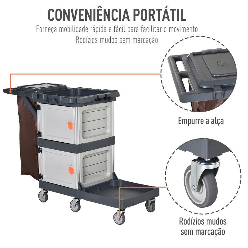 HOMCOM Carrinho de limpeza profissional com saco de lixo com rodas com tampa 131x56x93 cm