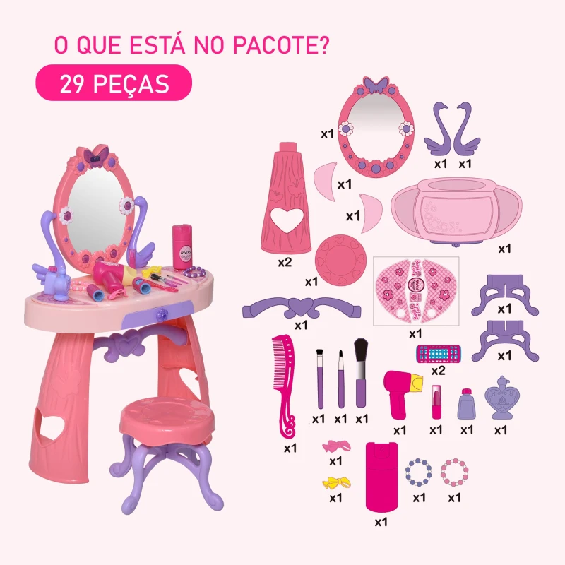 HOMCOM Penteadeira com banquinho Função de música Luzes para crianças acima de 3 anos 49,5x23,5x69,5 cm Rosa