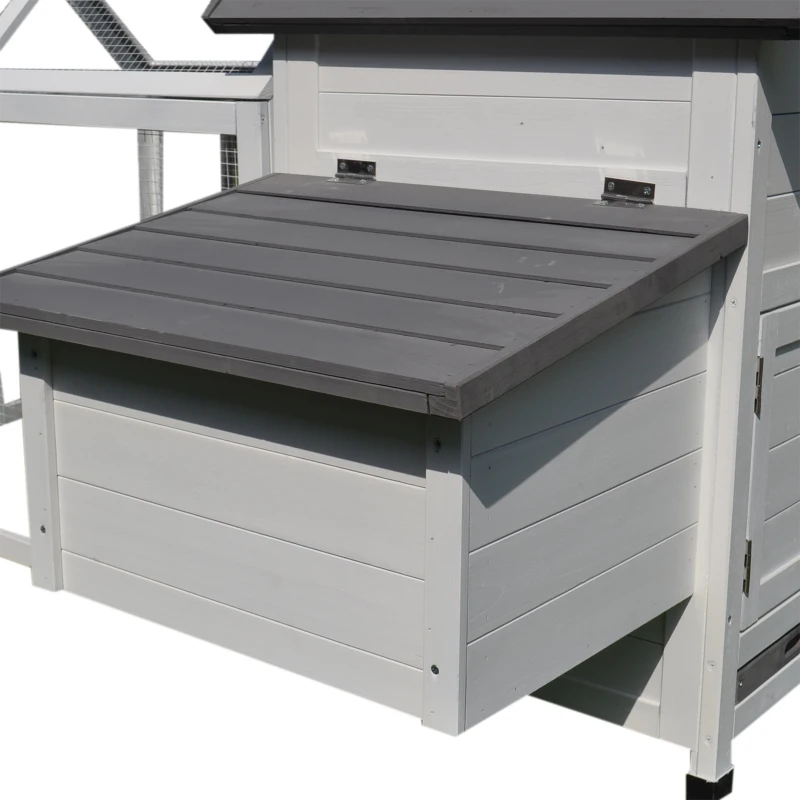 PawHut Galinheiro de Madeira para Exterior Gaiola para Galinhas de 2 Níveis 166x120x112cm com Cercado de Arame Caixa Ninho Bandeja Removível e Rampa Cinza e Branco