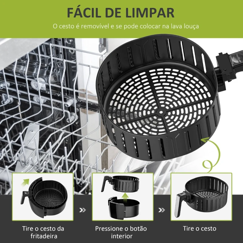 HOMCOM Fritadeira sem Óleo 5,5L Fritadeira de Ar 17000W com Tela Tátil 8 Programas Temporizador Temperatura Ajustável e Desligamento Automático 41x33x37cm Preto