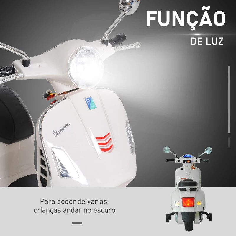 HOMCOM Mota Elétrica para Crianças com Licença Vespa com Música Velocidade 2-3 km/h e Buzina 102x50,5x75,5 cm Branco