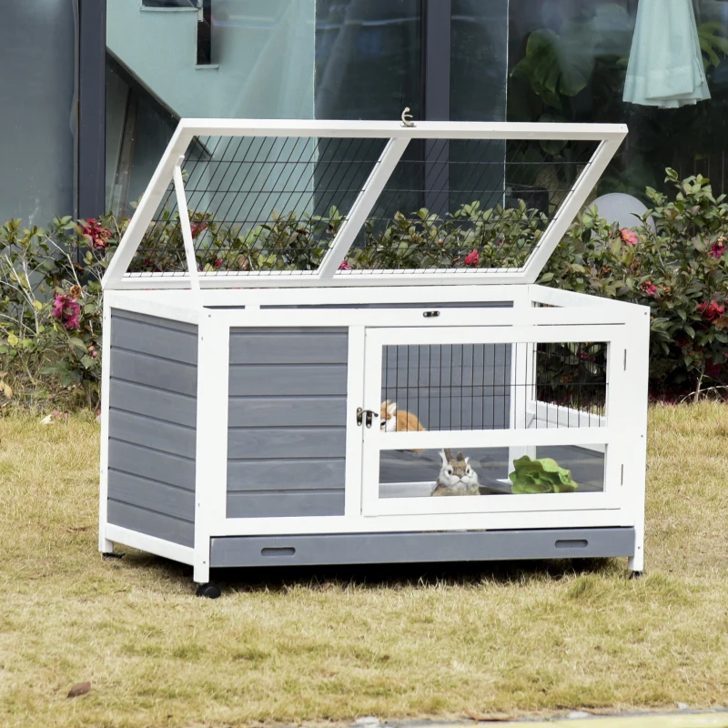 PawHut Coelheira de madeira para animais de estimação pequenos 2 andares com rampa rodas bandeja removível 102x60x63,5 cm Cinza branco