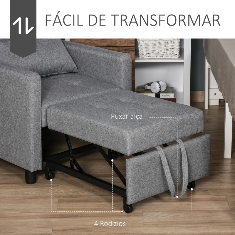 HOMCOM Sofá-cama Individual Poltrona com encosto reclinável Almofada removível Assento acolchoado e 4 rodas 69x82.5x84 cm Cinza