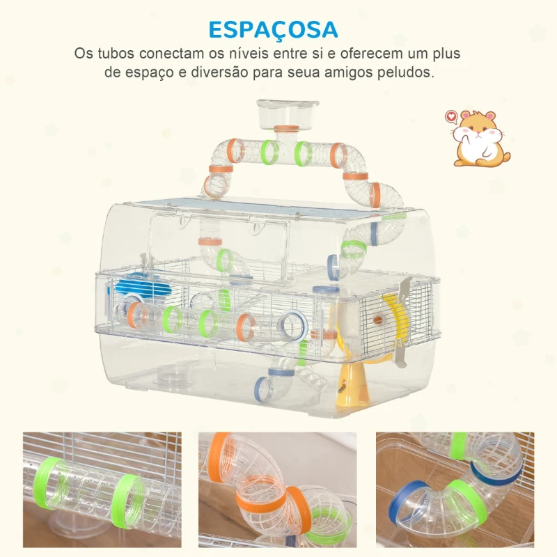 PawHut Gaiola para Hamster Gaiola para Roedores Pequenos de 3 Pisos com Escadas Comedouro Bebedouro Roda Tubos e Acessórios Incluidos 70x45x44cm Transparente