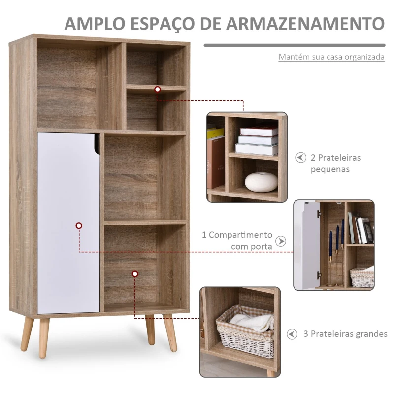HOMCOM Móvel Aparador Alto Armário Auxiliar de Sala de Estar com 5 Compartimentos e 1 Porta Multiuso para Sala de Jantar Cozinha Dormitório 60x30x121cm Carvalho e Branco