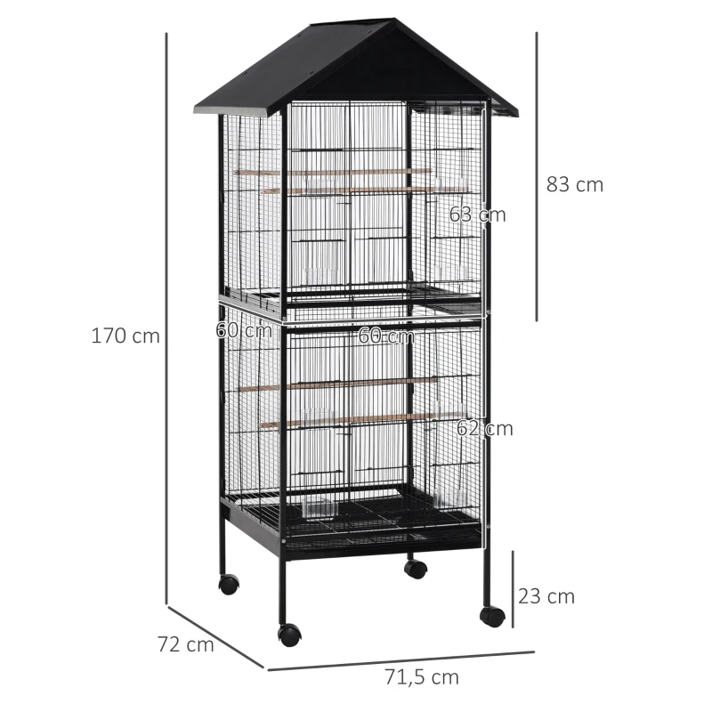 PawHut Grande gaiola de pássaros de 2 andares com rodas 8 alimentadores 4 poleiros e bandejas removíveis 71,5x72x170 cm Preto