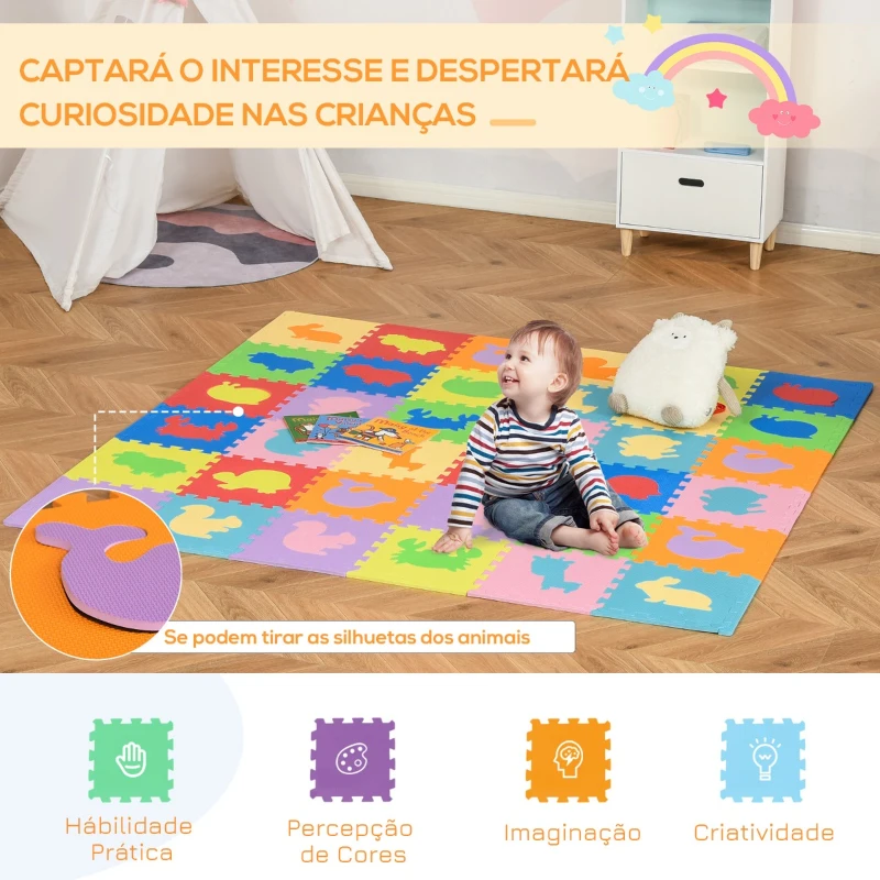 HOMCOM Tapete Puzzle para Bebés 36 Peças 31,5x31,5cm Quebra Cabeças Infantil Modelo de Animais de Espuma EVA Área de Cobertura 3,24m² Multicor