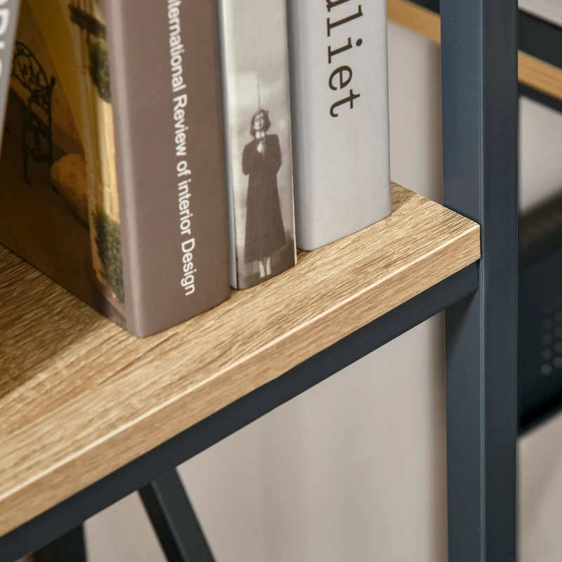 HOMCOM Estante de Livros de 4 Níveis amplo espaço de Armazenamento de Estilo Industrial para Sala de Estar Escritório 64x30x130cm Madeira Natural e Azul