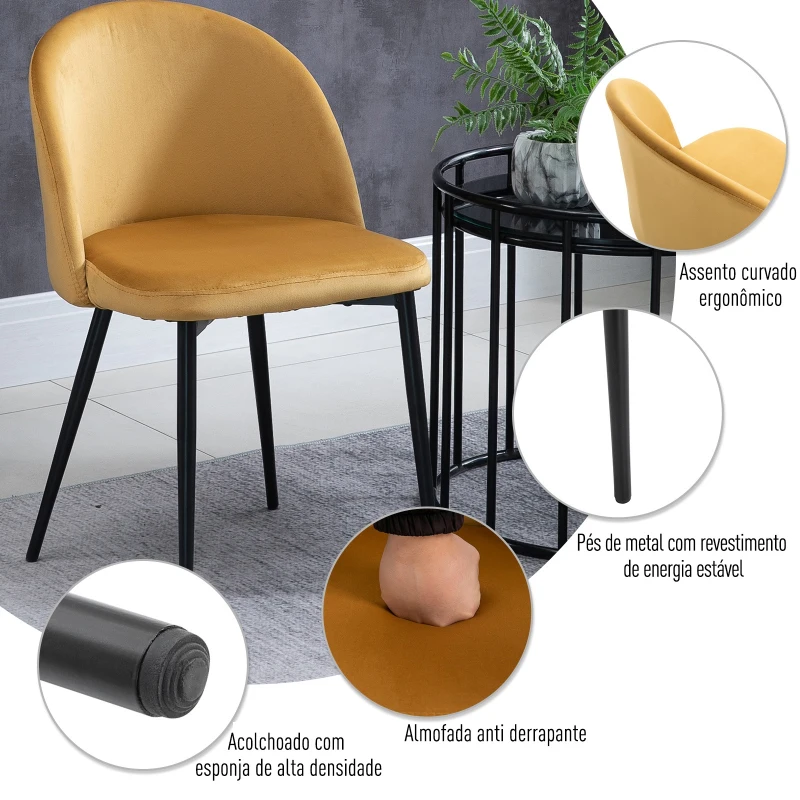 HOMCOM Conjunto de 2 Cadeiras de Sala de Jantar com Asento e Encosto Acolchoados Estofadas em Veludo 49x50x77 cm Caramelo