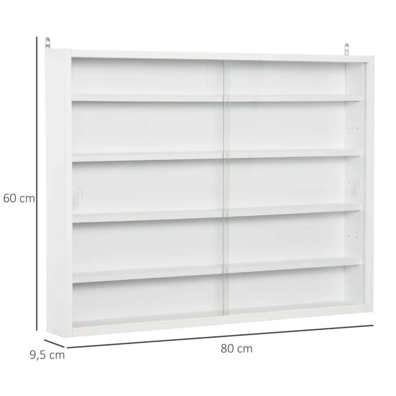 HOMCOM Vitrine de Parede de Madeira com Prateleiras Ajustáveis e 2 Portas Corredeiras de Vidro para Coleções Perfumes Bonecos de Decoração 80x9,5x60cm Branco