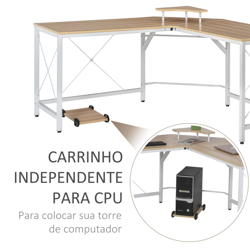 HOMCOM Secretária de Escritório em Forma de L Secretária com Suporte para CPU e Estrutura de Reforço em Forma de X 150x150x76cm Madeira e Branco