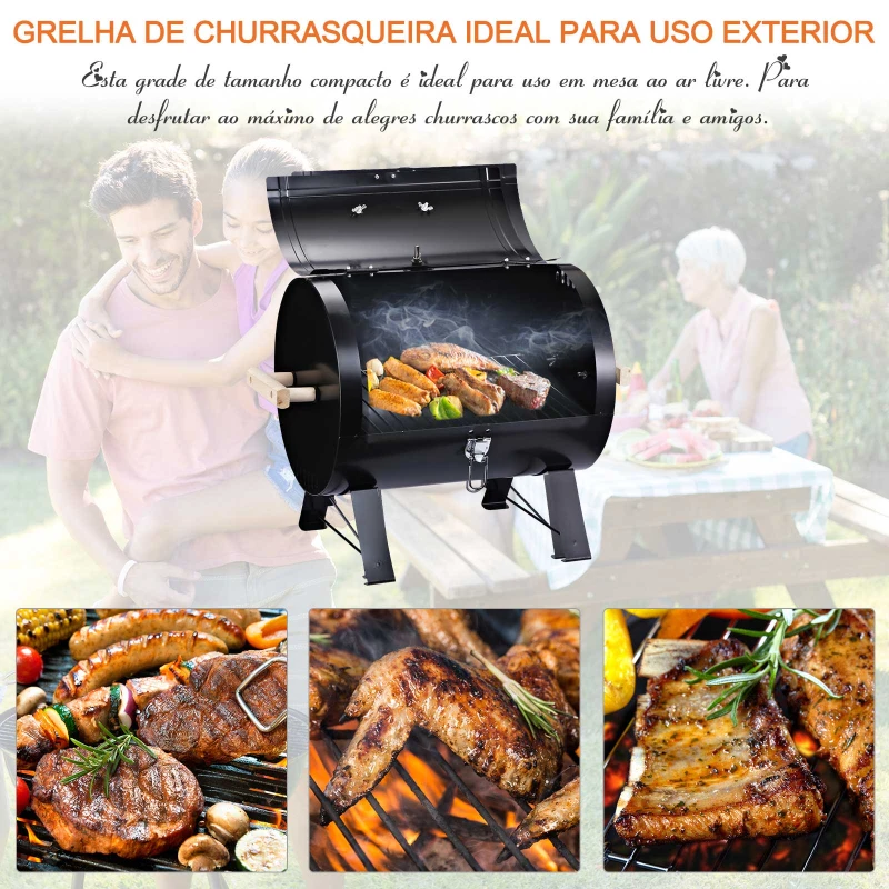 Outsunny Barbecue a Carvão de Mesa Compacta com Termômetro e Alças para Jardim Exterior Campismo 50x35x39 cm Preto