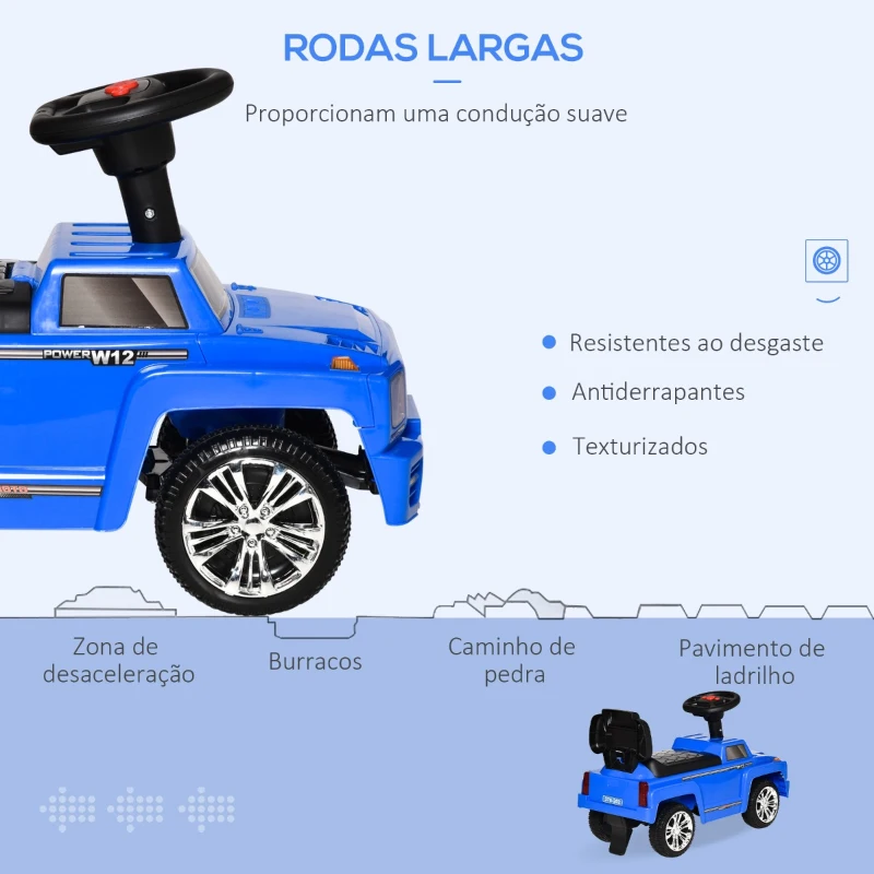 HOMCOM Carro Andador para Bebé de 18-36 Meses Carro sem Pedais com Faróis Música Buzina Compartimento de Armazenamento e Encosto Alto 68x30,5x41,5cm Azul