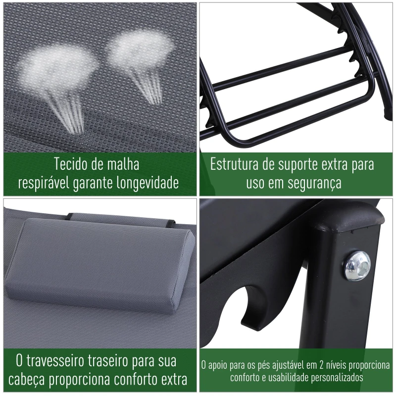 Outsunny Espreguiçadeira de Jardim Reclinável com Encosto Ajustável de 5 Níveis Apoio para os Pés Regulável e Apoio para a Cabeça Removível para Terraço Balcão Exterior 66x152x81cm Cinza