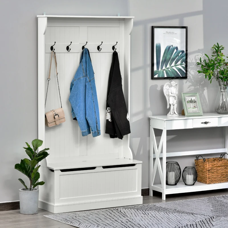 HOMCOM Móvel Cabide de Entrada com Banco Armário de Entrada com Cabide 5 Ganchos e Espaço de Armazenamento 96x34x179,7cm Marfim