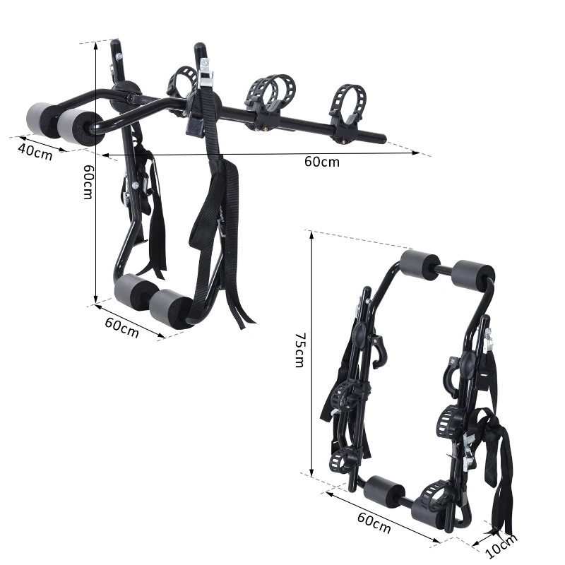 HOMCOM Suporte de bicicleta para bagageira dobrável com tiras de segurança Suporte para 2 bicicletas de até 70kg 75x50x10cm