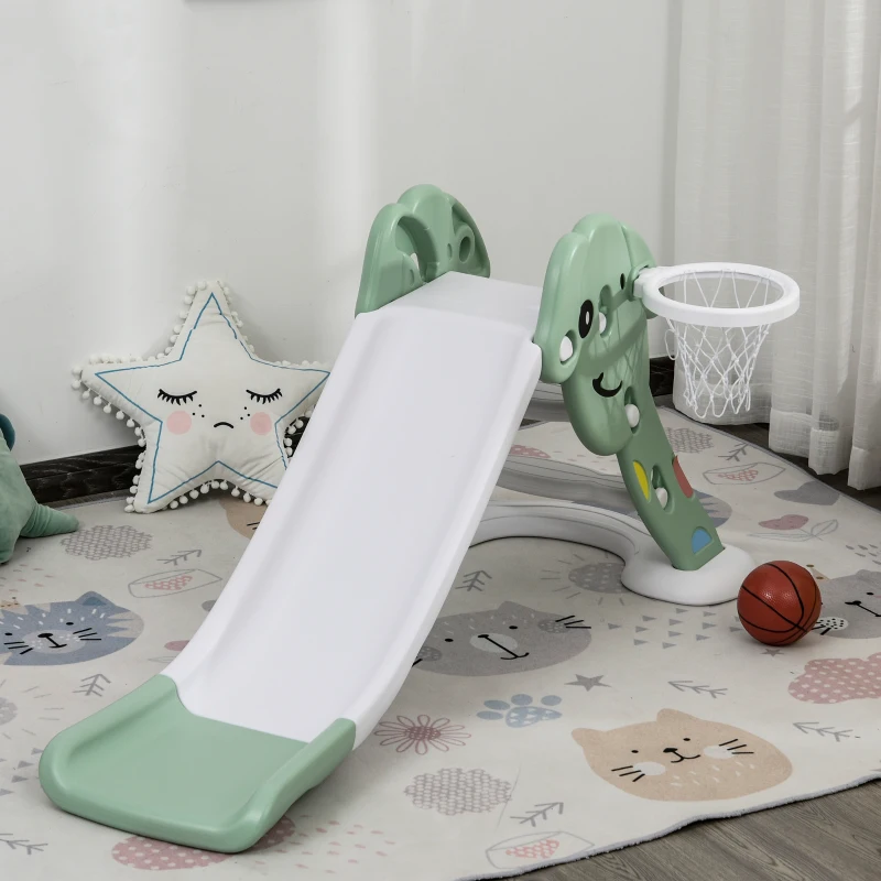 HOMCOM Escorrega infantil para crianças acima de 2 anos com cesta de basquete Interior e exterior carga 25 kg Acessórios incluídos 160x35x68 cm Verde e Branco