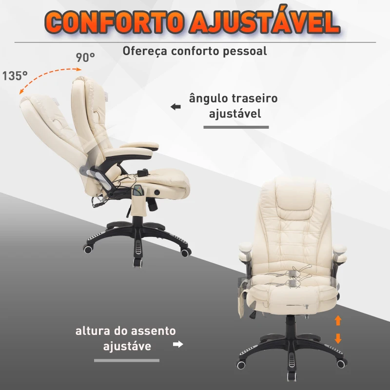 HOMCOM Cadeira de Escritório e de Secretária Tipo Poltrona Giratória Reclinável e Elevável Creme Amarelo