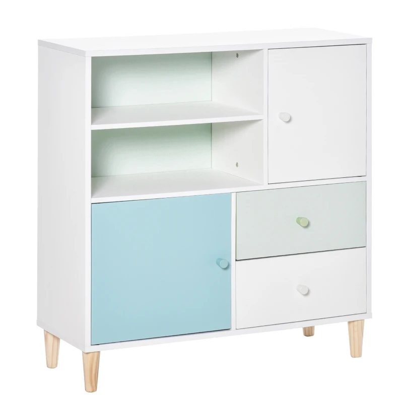 HOMCOM Móvel Infantil Cómoda para Crianças com 2 Compartimentos 2 Gavetas e 2 Armários para Armazenamento de Livros Brinquedos Roupa 80x30x85cm Azul Verde Menta Branco