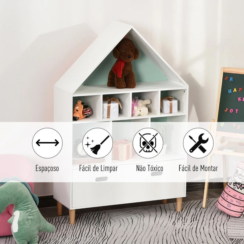 HOMCOM Estante de Madeira Infantil em Forma de Casa Estante para Crianças com 8 Compartimentos Abertos e Gaveta de 2 Cores 82x30x126cm Branco