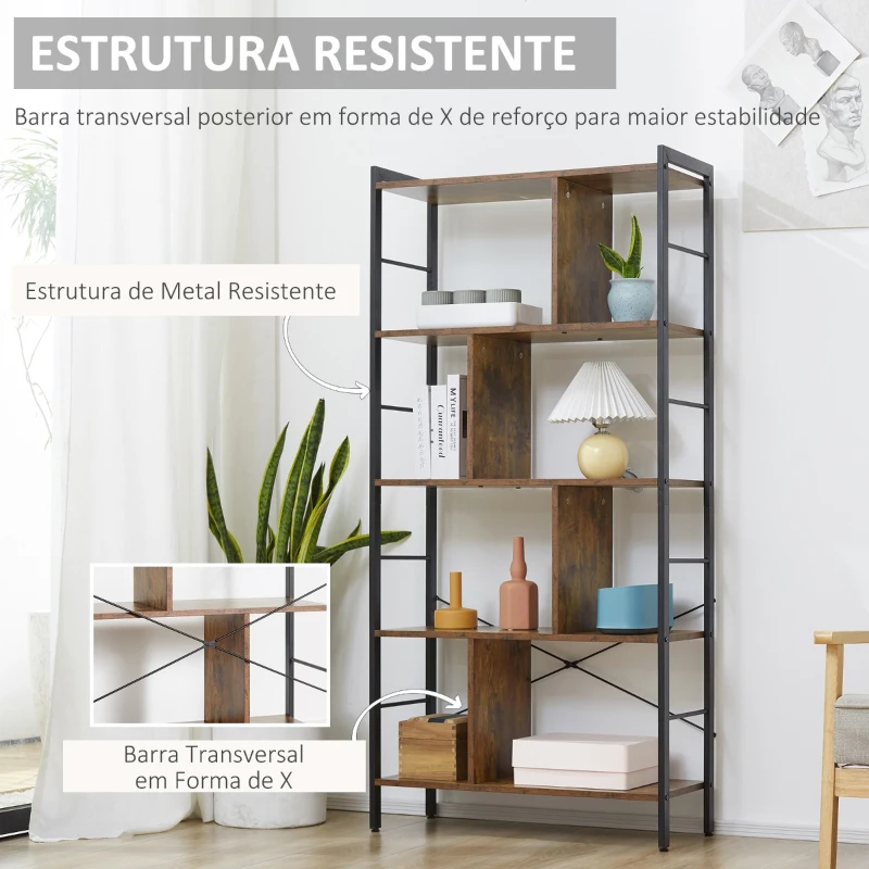 HOMCOM Estante para Livros de 4 Níveis com 8 Compartimentos de Armazenamento Estilo Industrial para Sala de Estar Escritório Dormitório 74x30x157,5cm Marrom Rústico