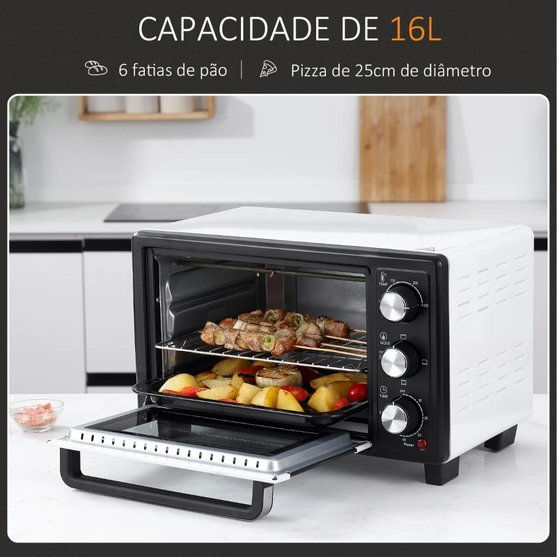 HOMCOM Mini Forno 16L 1400W com 3 Modos de Aquecimento Temperatura até 230°C Temporizador 60 Minutos Bandeja para Assar e Grade 44x32x28,1cm Branco e Preto