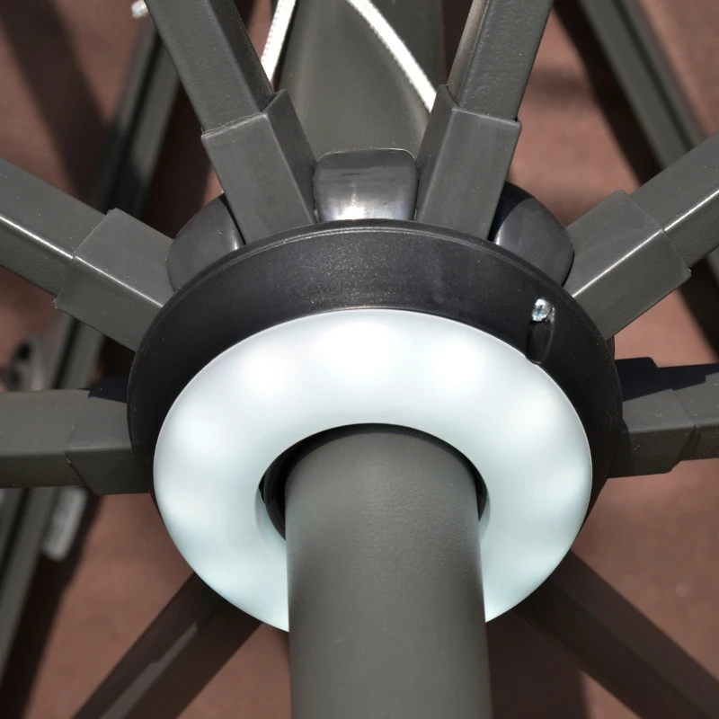 Outsunny Chapéu de Sol Φ296x245cm com Luzes LED e Painel Solar Ângulo Ajustável em 3 Posições para Pátio Terraço Piscina Café