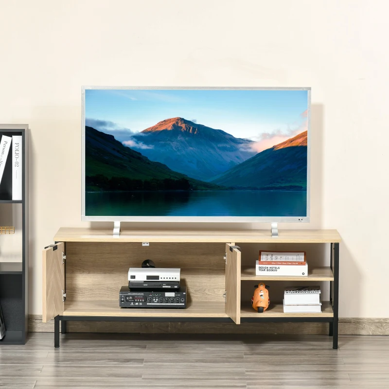 HOMCOM Móvel de TV de até 50” Móvel de Sala de Estar Moderno com Armário 2 Compartimentos Prateleira Ajustável e Pés de Metal 120x40x46cm Madeira Natural