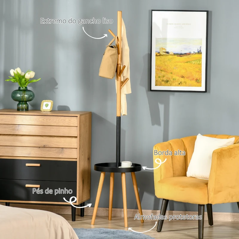 HOMCOM Cabide de Pé com Mesinha Auxiliar Redonda e 5 Ganchos com Altura Ajustável para Casacos Chapéus Bolsos Entrada 40x40x179cm Madeira Natural Preto
