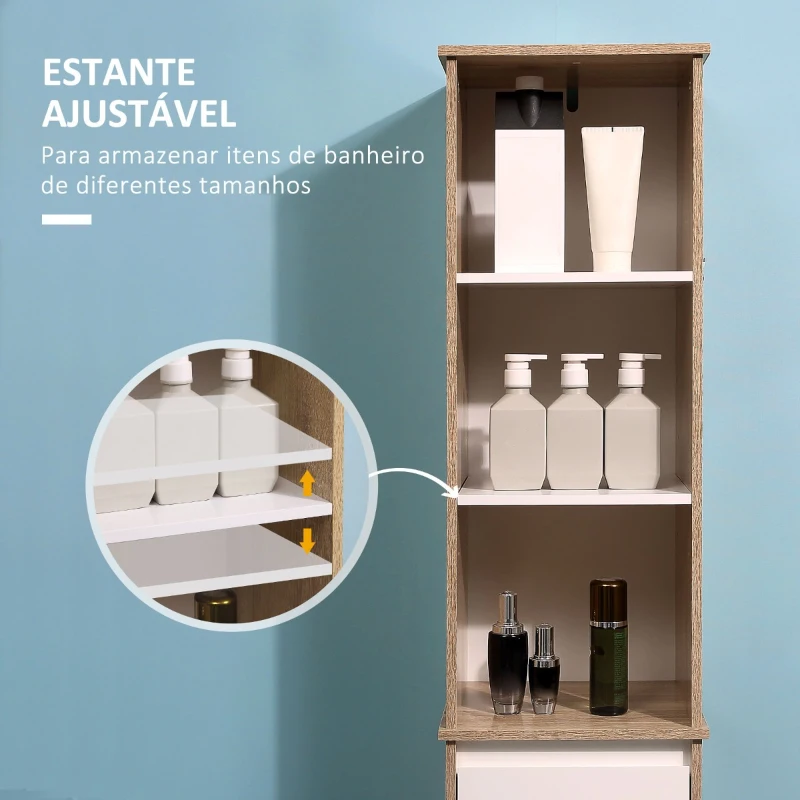 Kleankin Armário de banheiro alto com 1 porta  gaveta e 3 estantes Prateleira ajustável para sala de estar de cozinha 32,6x30x171,2 cm Madeira natural e branco