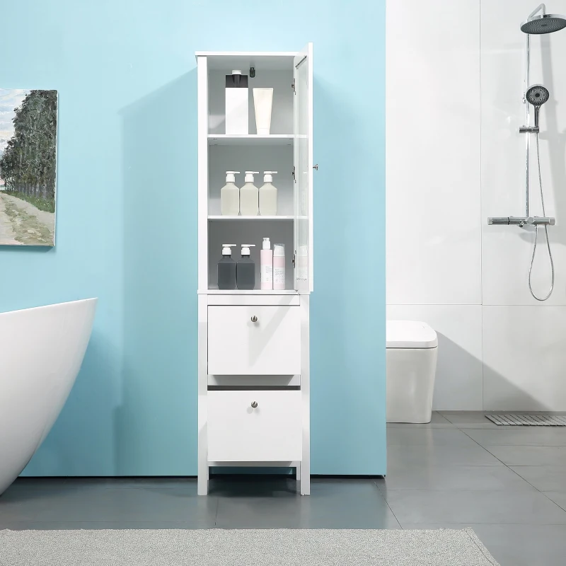 Kleankin Armário alto para banheiro Armário com 1 porta de vidro prateleiras ajustáveis  e 2 gavetas 43x35x160 cm Branco