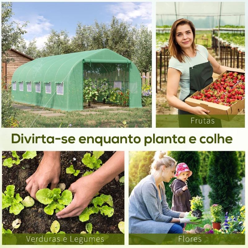 Outsunny Estufa Tipo Túnel 595x300x200cm Estufa de Jardim Grande com 12 Janelas e Porta Enrolável com Zíper para Cultivo de Plantas Verde