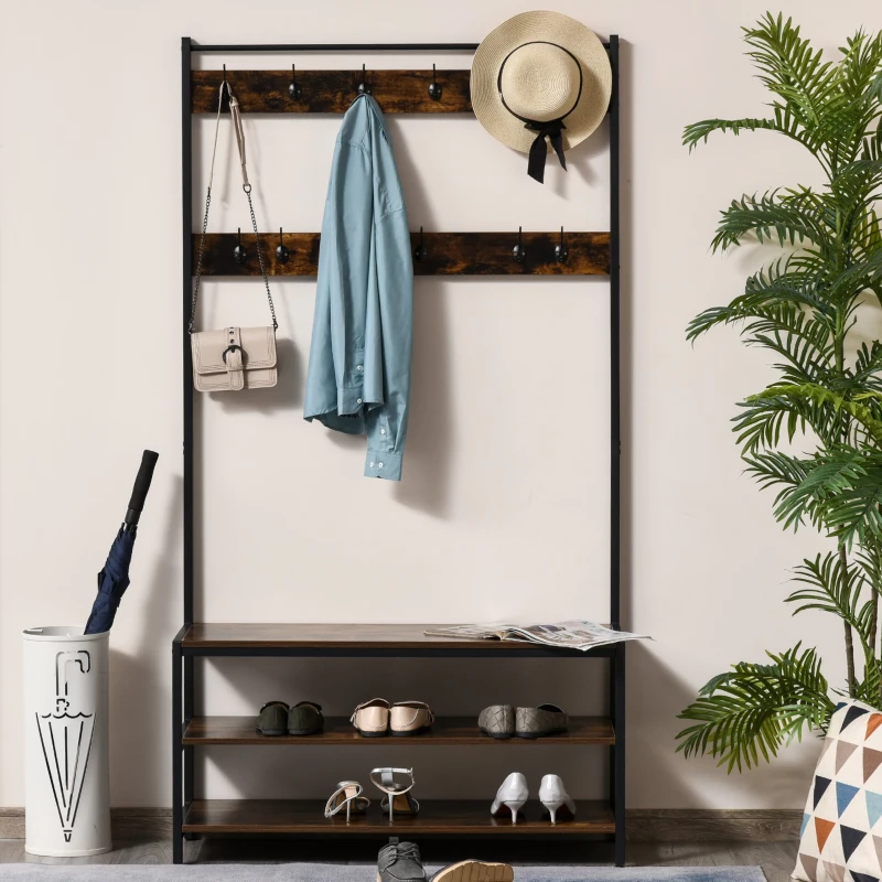 HOMCOM Cabide com sapateira Cabide com 12 ganchos Banco estilo industrial com 3 prateleiras Estrutura metálica 100x40x184 cm Castanho Rústico e Preto