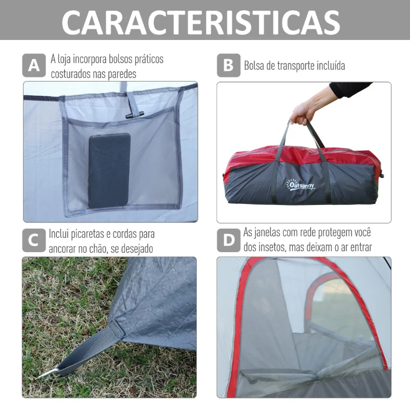 Outsunny Tenda de Campismo para 4-5 Pessoas Impermeável 3000mm+ Anti UV com Bolsa de Transporte e Gancho para Luz 455x230x180cm Cinza
