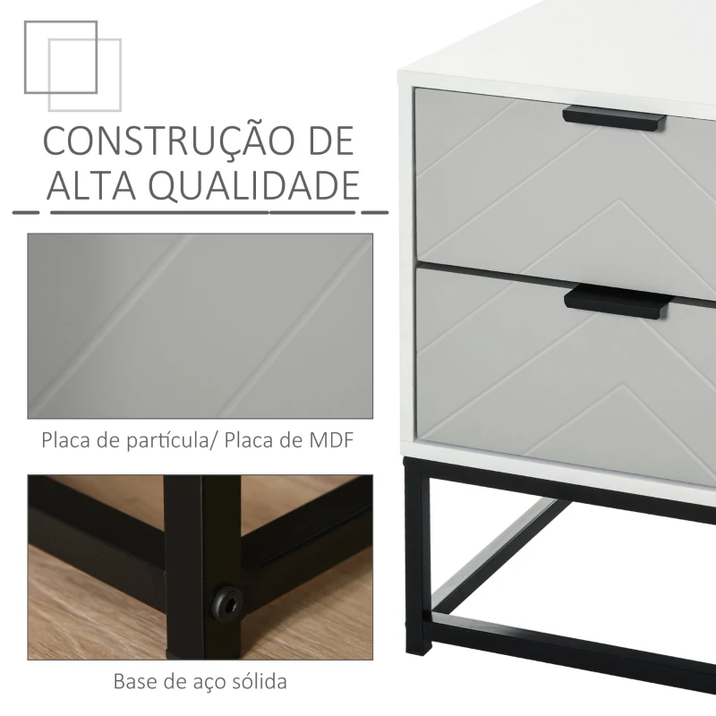 HOMCOM Mesa de cabeceira com 2 gavetas e base elevada de metal Estilo moderno e minimalista 39,5x40x48 cm Branco e cinza