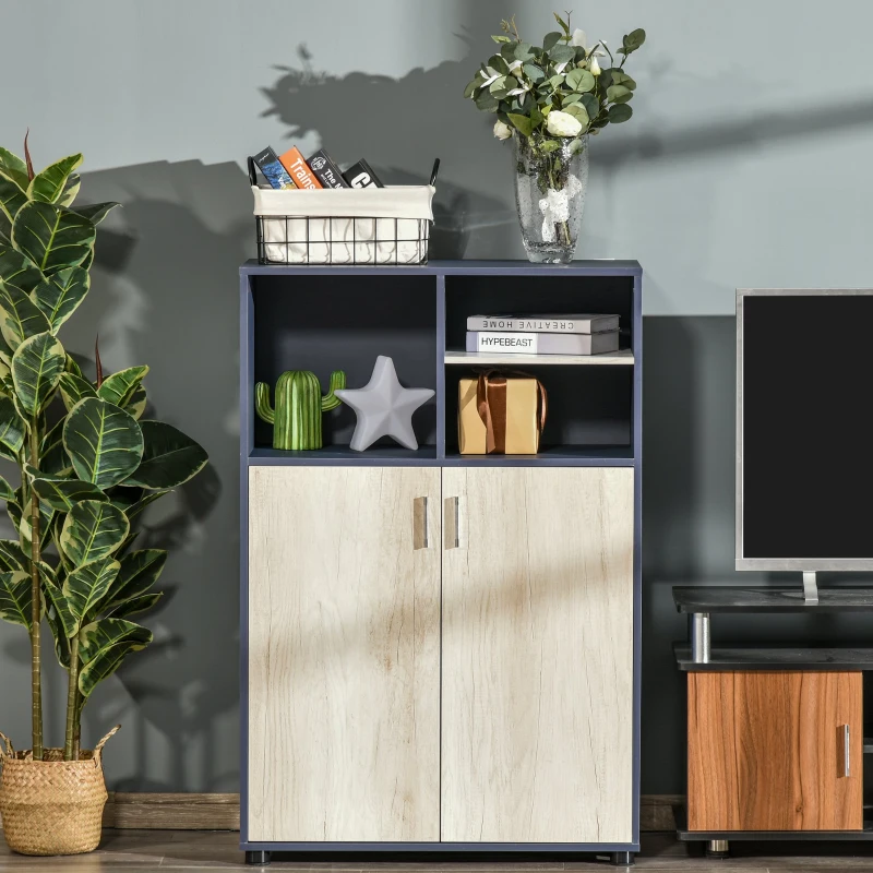 HOMCOM Aparador de armazenamento Estante Móvel Auxiliar com 3 Compartimentos e 2 Portas para Sala Escritório Quarto 80x40x120 cm Azul e Madeira