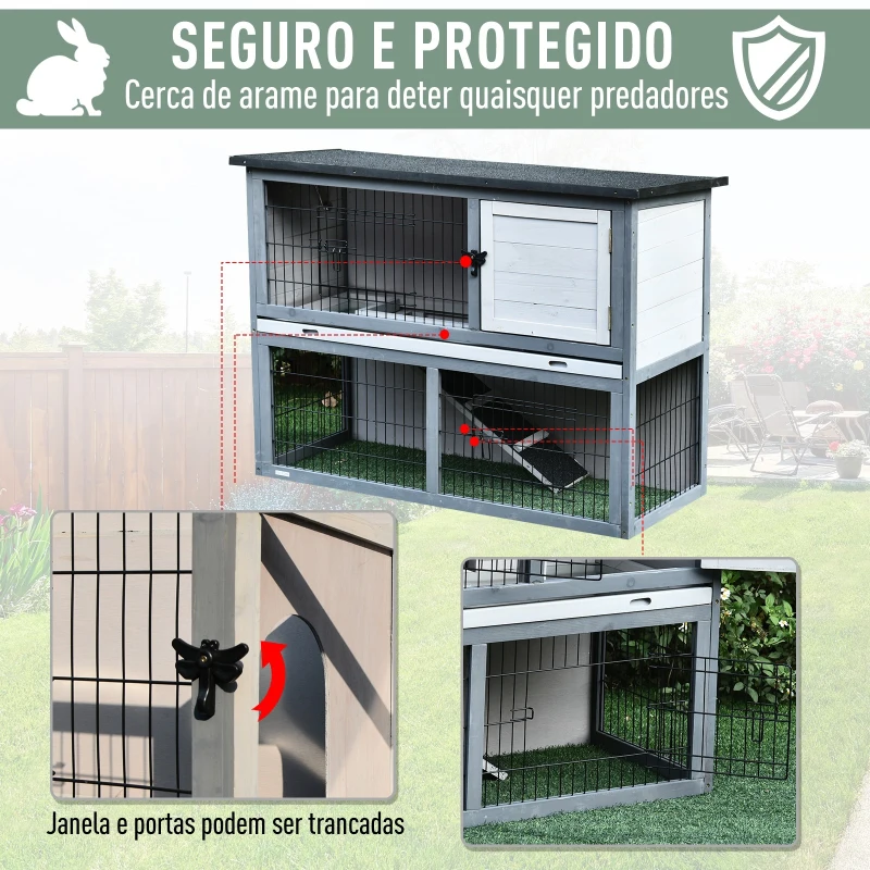 PawHut Gaiola de madeira para coelhos com rampa bandeja removível 2 andares e 2 portas 108x45x78 cm cinza