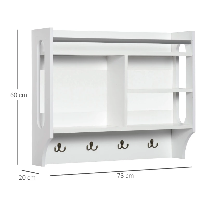 HOMCOM Móvel Cabide de Entrada com 4 Ganchos 3 Compartimentos e 1 Prateleira Cabide de Parede de Entrada 73x20x60cm Branco