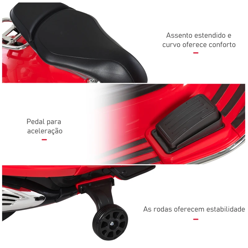 HOMCOM Mota Elétrica Vespa com Faróis Música 2 Rodas Auxiliares para Crianças acima de 3 Anos 108x49x75 cm Vermelha