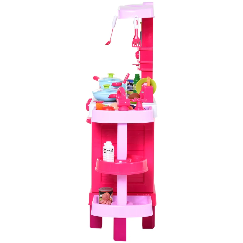 HOMCOM Cozinha para Crianças acima de 3 Anos Cozinha Infantil com 38 Acessórios Luz Som 78x29x87 cm Rosa