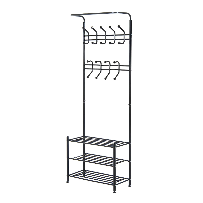 HOMCOM Móvel Cabide de Entrada com 18 Ganchos e Sapateira Armário de Entrada com Cabide com 3 Prateleiras 67x30x185 cm Preto