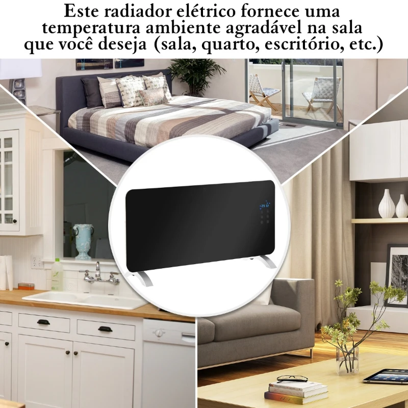 HomCom® Radiador eléctrico Aquecedor de Vidro Convector de Parede/Pé com Ecrã Táctil Temporizador e Controlo Remoto 1000/2000W