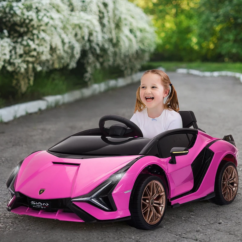 HOMCOM Carro Elétrico Lamborghini SIAN 12V para Crianças de 3-8 anos com Controle Remoto Abertura da Porta Música MP3 USB e Faróis 108x62x40cm Rosa