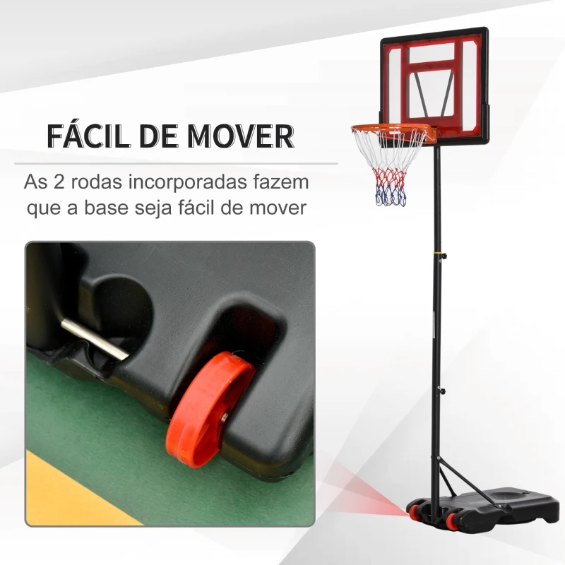 HOMCOM Tabela de Basquetebol Ajustável de 160-210cm Aro de Basquetebol com Suporte de Aço Base Recarregável 2 Rodas para Crianças e Adultos 75x83x261cm Vermelho e Preto