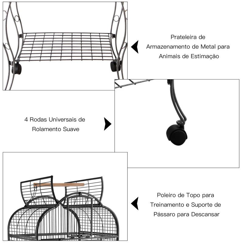 PawHut Gaiola metálica para pássaros com 2 portas Bandeja Removível 4 rodas 75x69x159 cm cinza escuro